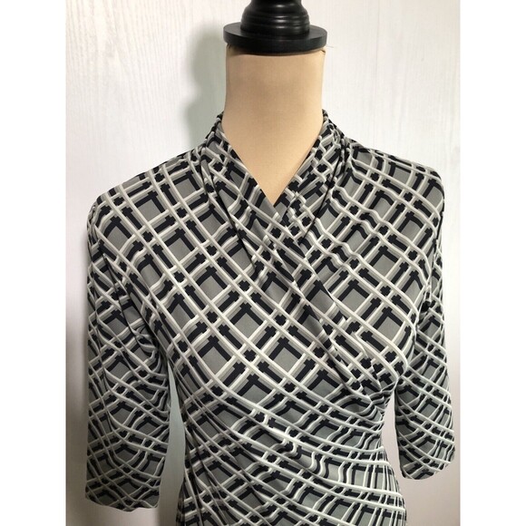 J McLaughlin Dress Womens XS Gray Black Lattice Print Catalina Cloth Faux Wrap - Picture 9 of 12